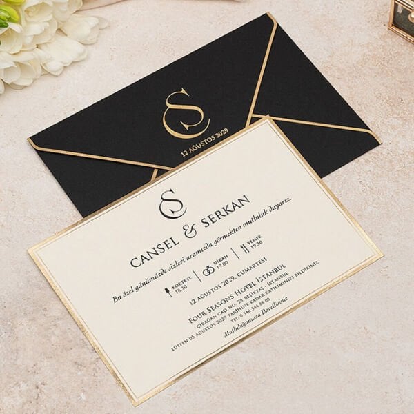 Düğün Davetiyesi Er-505132a | Altın Varak Çerçeveli Siyah Zarflı Modern Davetiye
