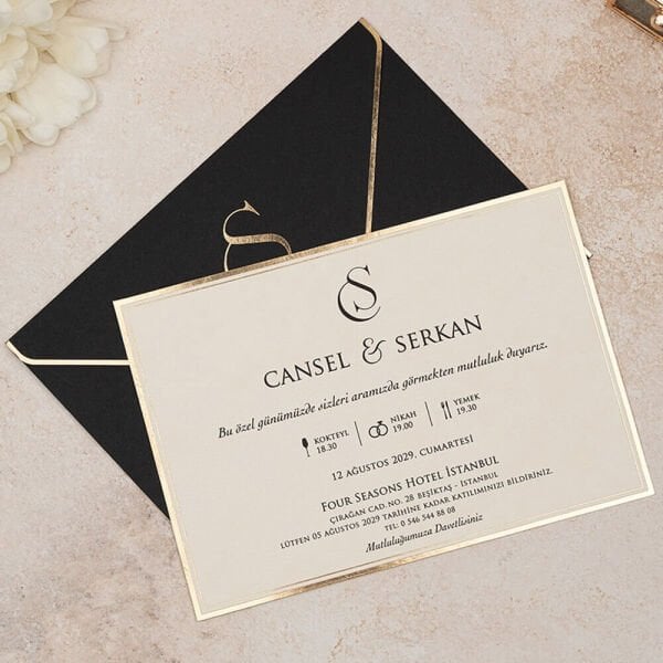 Düğün Davetiyesi Er-505132d | Altın Varak Çerçeveli Siyah Zarflı Modern Davetiye
