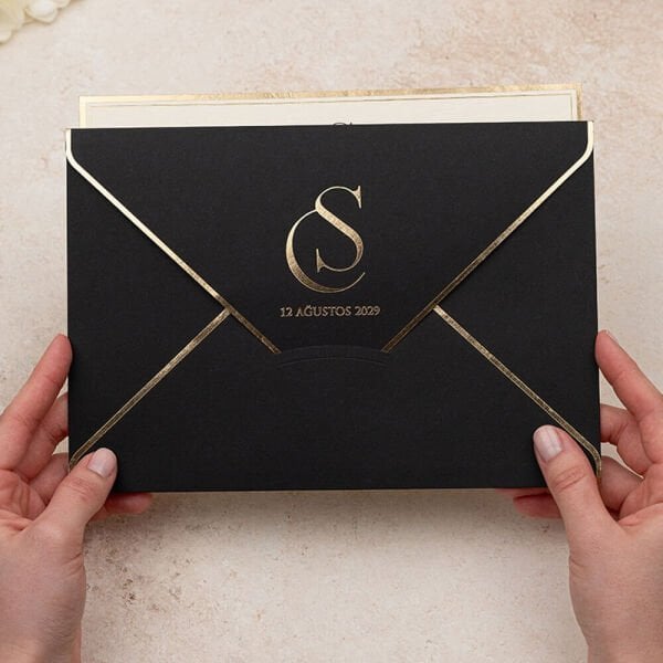 Düğün Davetiyesi Er-505132b | Altın Varak Çerçeveli Siyah Zarflı Modern Davetiye