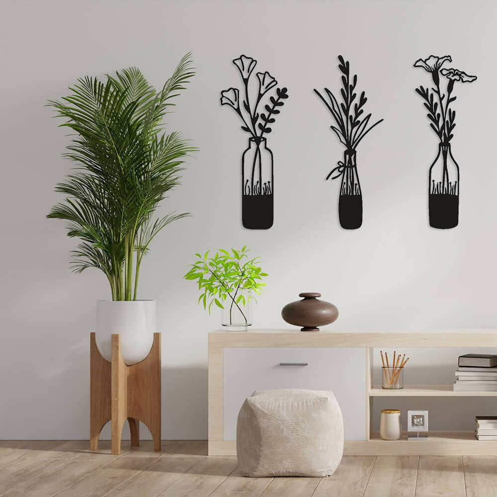 MDF Tablo Dekoratif 3'lü Çiçek Vazo 2 MDF-27
