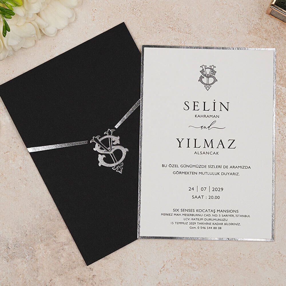 Düğün Davetiyesi Er-505121a | Gümüş Varak Çerçeveli Siyah Zarflı Modern Davetiye