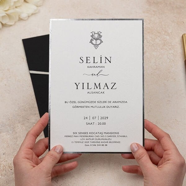 Düğün Davetiyesi Er-505121d | Gümüş Varak Çerçeveli Siyah Zarflı Modern Davetiye