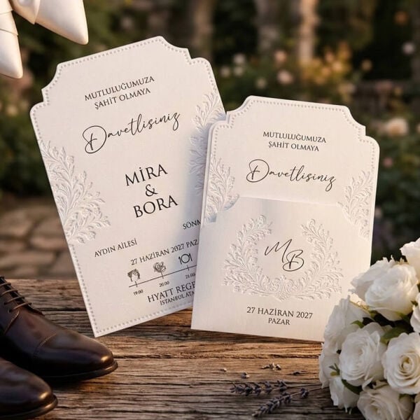 Düğün Davetiyesi Ar-602630 Beyaz Renk Çiçekli Kabartma Desenli Cep Zarflı Davetiye