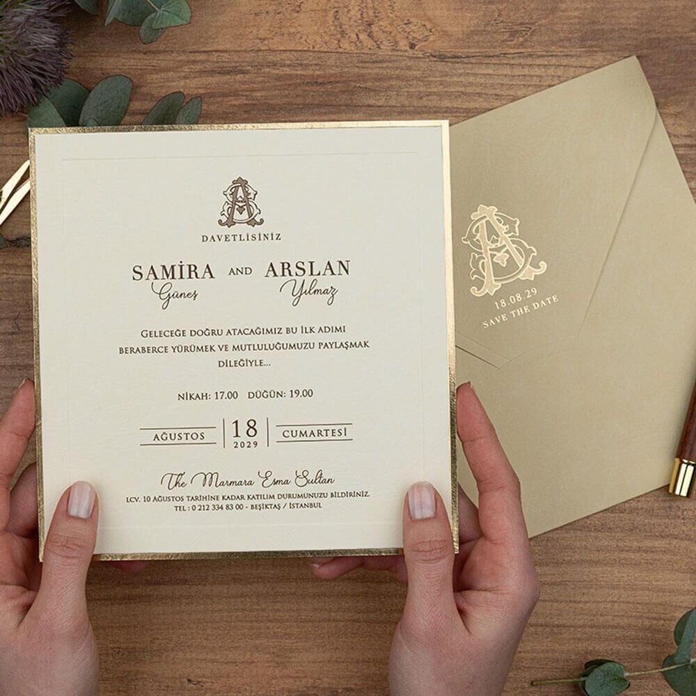 Düğün Davetiyesi Er-505149a | Sütlü Kahve Renk Deri Dokulu Zarflı Kare Davetiye