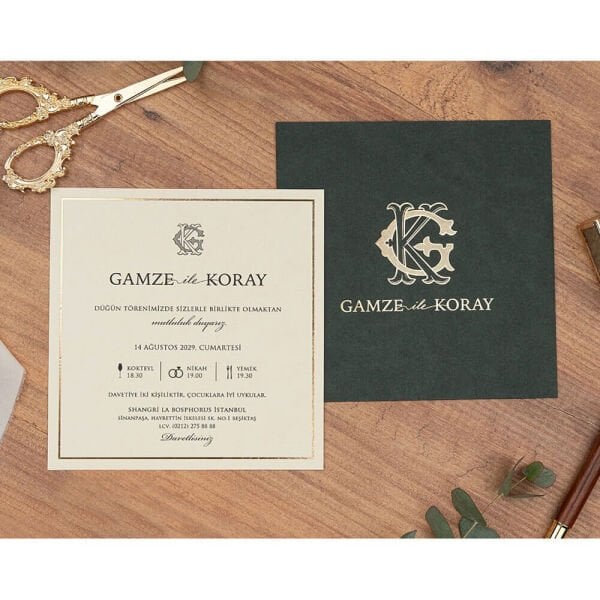 Düğün Davetiyesi Er-505128a | Yeşil Renk Zarflı Kare Modern Davetiye