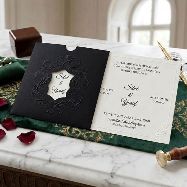 Düğün Davetiyesi Ar-602632 Kabartma Çerçeveli Pencereli Siyah Zarflı Kare Davetiye