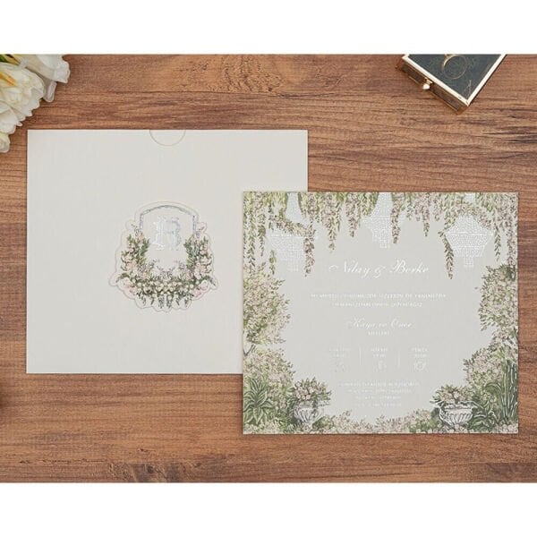 Düğün Davetiyesi Er-505127a | Bahçe Dekorlu Karton Mühürlü Çiçek Desenli Davetiye