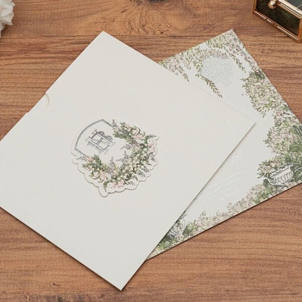 Düğün Davetiyesi Er-505127c | Bahçe Dekorlu Karton Mühürlü Çiçek Desenli Davetiye