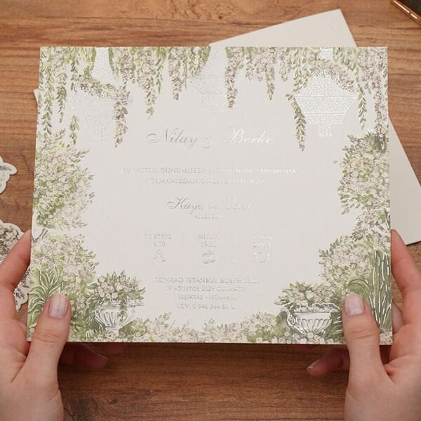 Düğün Davetiyesi Er-505127f | Bahçe Dekorlu Karton Mühürlü Çiçek Desenli Davetiye