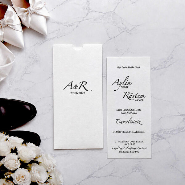 Düğün Davetiyesi Ar-602633 Beyaz Renk İnce Uzun Modern Davetiye
