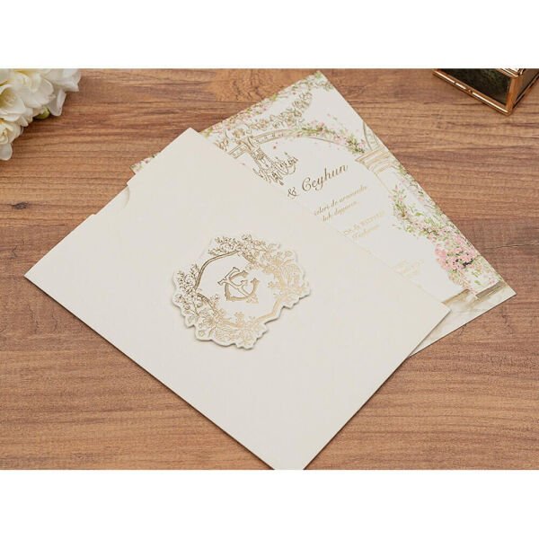 Düğün Davetiyesi Er-505126c Sütunlu Bahçe Dekorlu Karton Mühürlü Çiçekli Davetiye