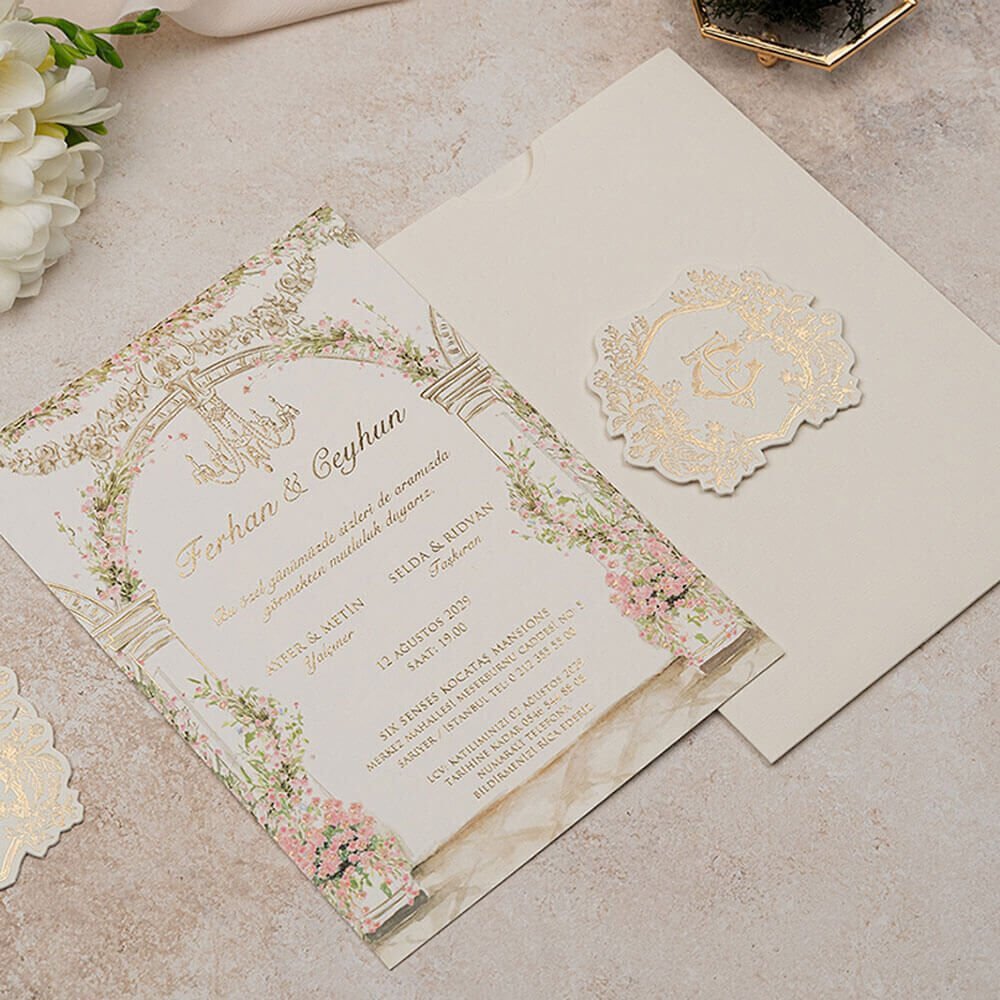 Düğün Davetiyesi Er-505126a Sütunlu Bahçe Dekorlu Karton Mühürlü Çiçekli Davetiye