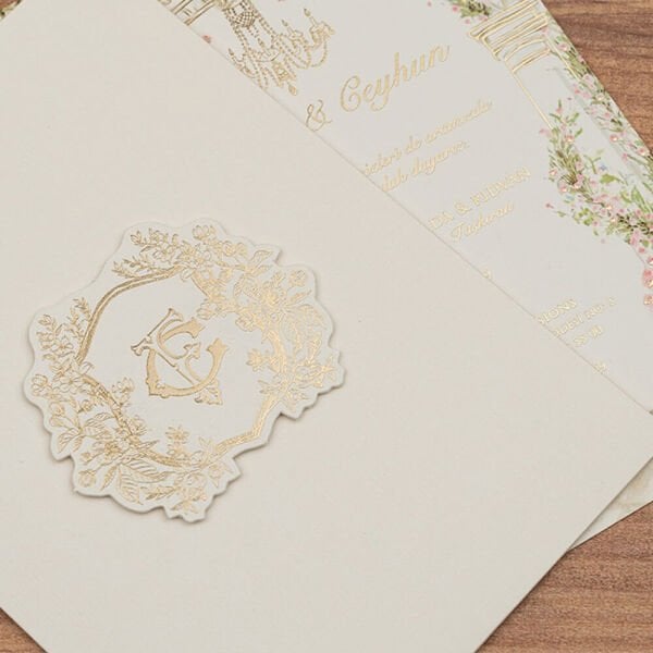 Düğün Davetiyesi Er-505126d Sütunlu Bahçe Dekorlu Karton Mühürlü Çiçekli Davetiye