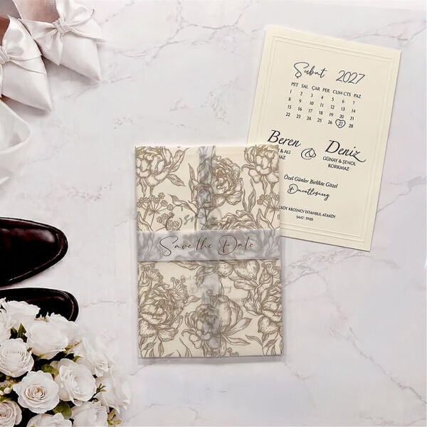 Düğün Davetiyesi Ar-602634 Gold Çiçek Motifli Buzlu Asetat Kapaklı Zarfsız Davetiye