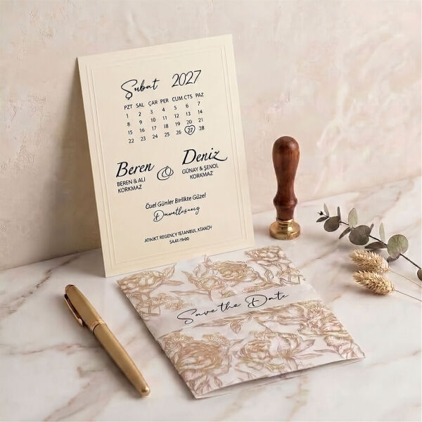 Düğün Davetiyesi Ar-602634 Gold Çiçek Motifli Buzlu Asetat Kapaklı Zarfsız Davetiye