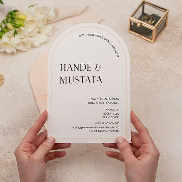 Düğün Davetiyesi Er-505144c Oval Kesim Pembe Renk Zarf Kurdeleli İlginç Davetiye