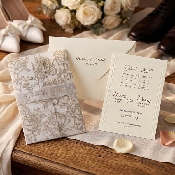 Düğün Davetiyesi Ar-602634Z Gold Çiçek Motifli Buzlu Asetat Kapaklı Krem Zarflı Davetiye
