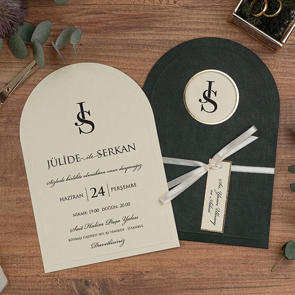 Düğün Davetiyesi Er-505119a Oval Kesim Zarf Renk Pencereli Zarflı Kurdeleli İlginç Davetiye