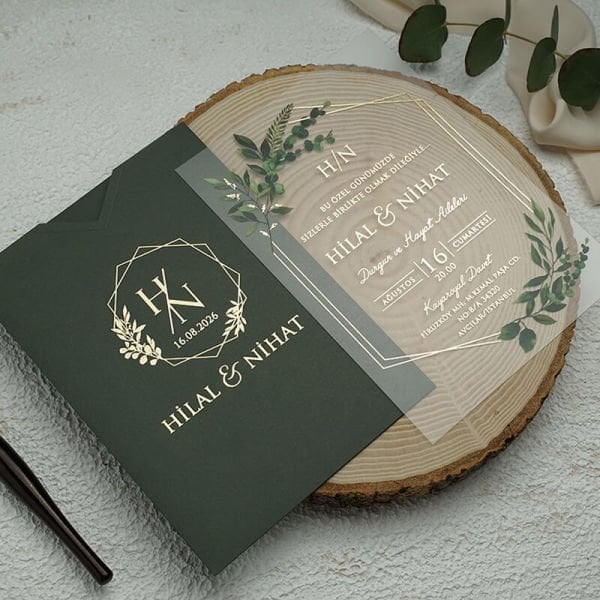 Yeşil Renk Kapaksız Zarflı Yaprak Desenli Şeffaf Davetiye Ekn-4722 Düğün Davetiyesi