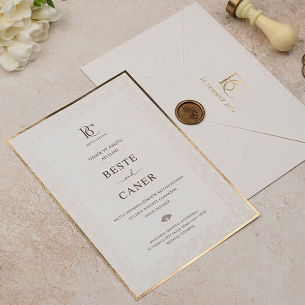 Düğün Davetiyesi Er-505118a Krem Renk Zarflı Varak Çerçeveli Mühürlü Davetiye