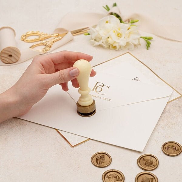 Düğün Davetiyesi Er-505118d Krem Renk Zarflı Varak Çerçeveli Mühürlü Davetiye