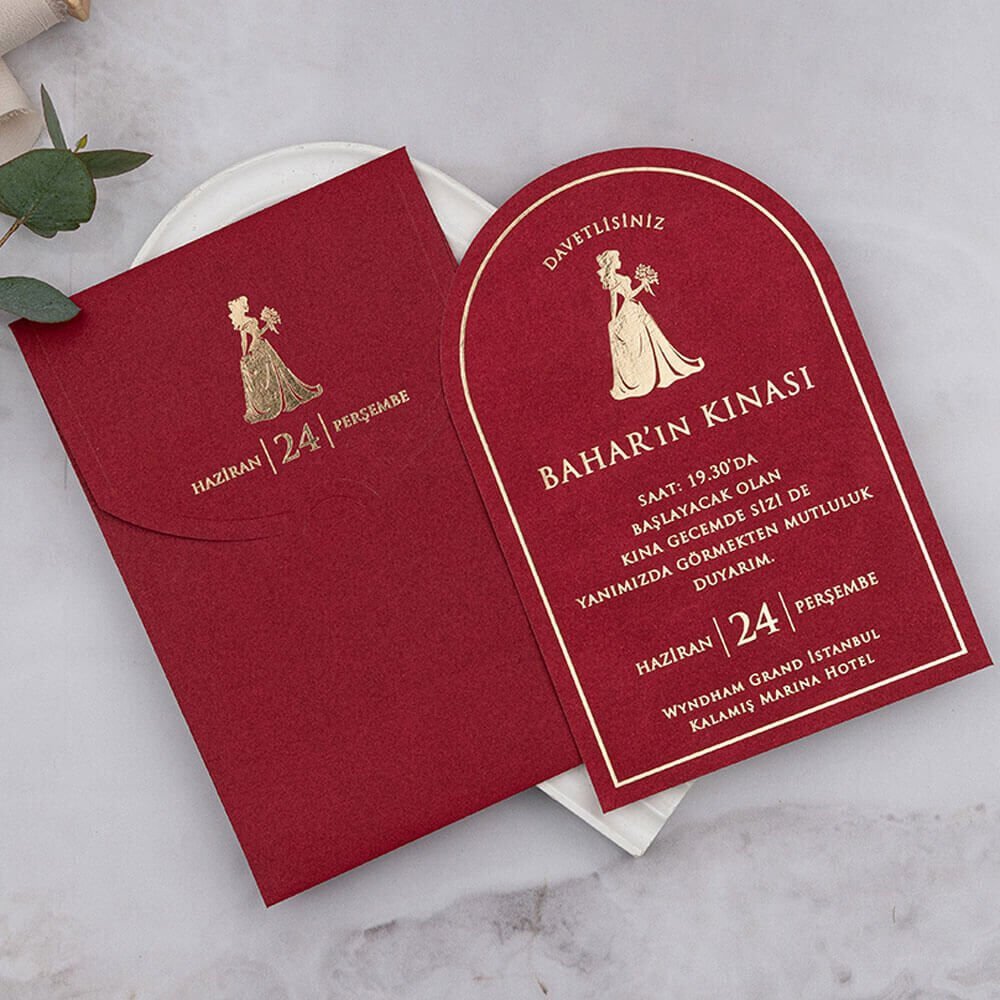 Kına Davetiyesi Er-50K-23a Kırmızı Renk Deri Dokulu Oval Kesim İlginç Davetiyesi