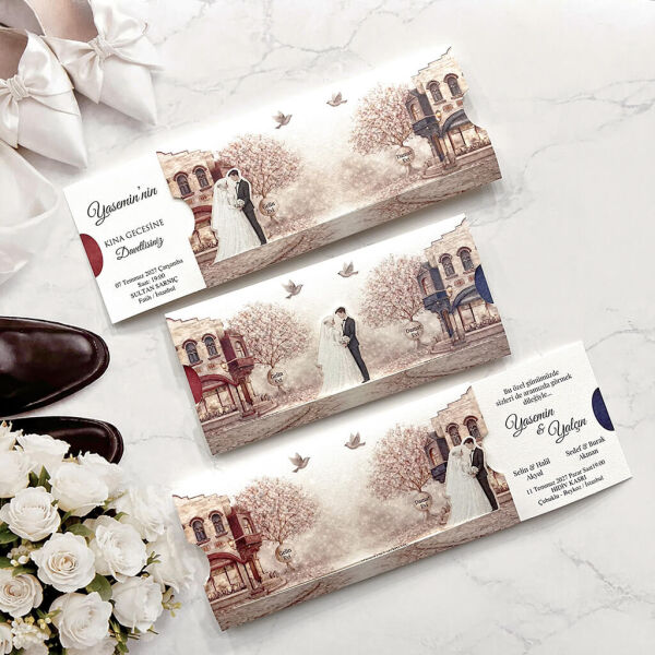Düğün Davetiyesi Ar-602642 Tesettürlü Gelin ve Damat Figürlü Hareketli Davetiye
