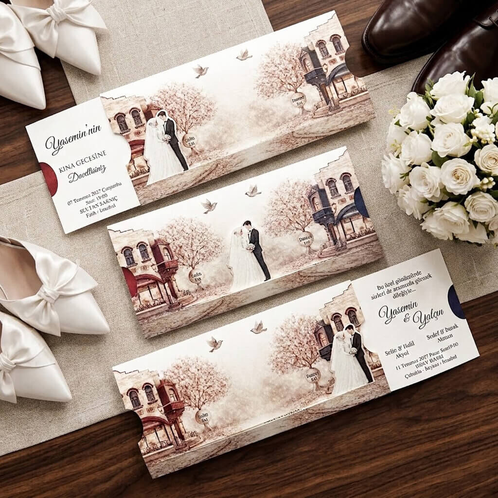 Düğün Davetiyesi Ar-602642 Tesettürlü Gelin ve Damat Figürlü Hareketli Davetiye