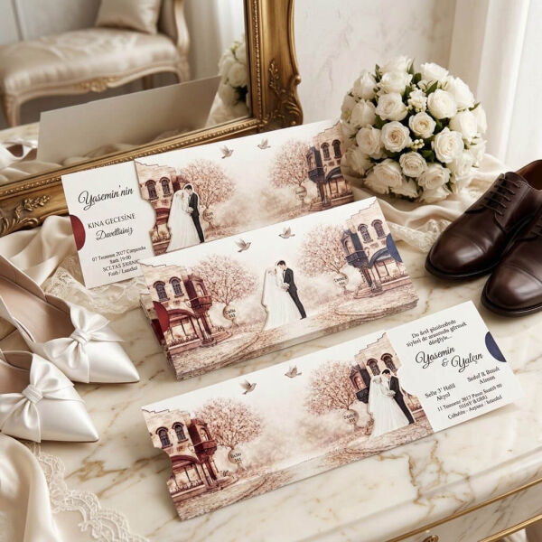 Düğün Davetiyesi Ar-602642 Tesettürlü Gelin ve Damat Figürlü Hareketli Davetiye