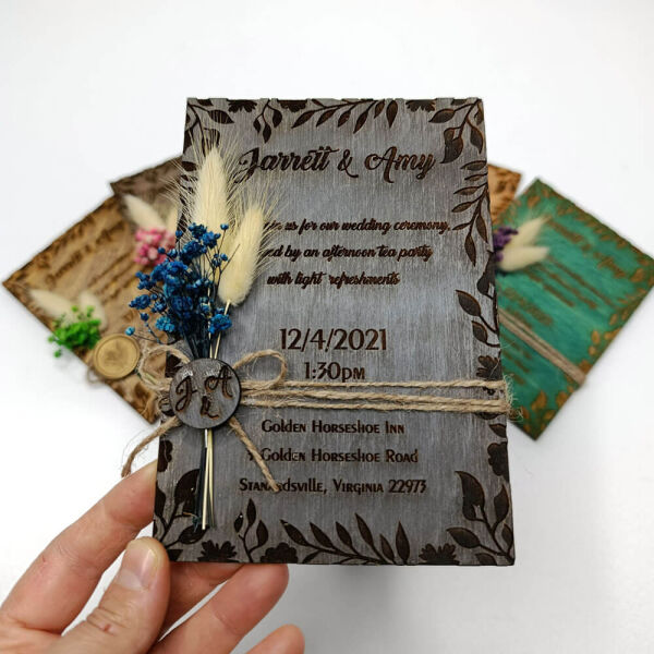Düğün Davetiyesi Yaprak Desen Çerçeve Kazımalı Ahşap Davetiye AHD-202604 11x16 cm - Gri