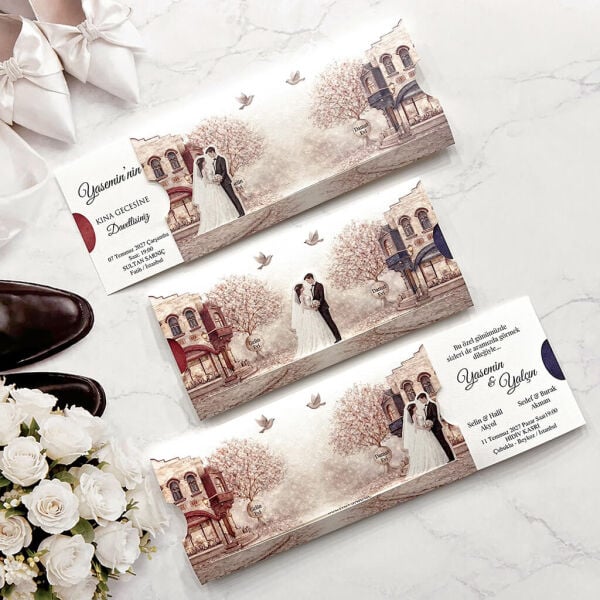 Düğün Davetiyesi Ar-602643 Gelin ve Damat Figürlü Hareketli İlginç Davetiye