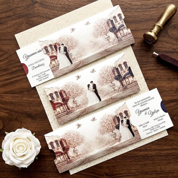 Düğün Davetiyesi Ar-602643 Gelin ve Damat Figürlü Hareketli İlginç Davetiye