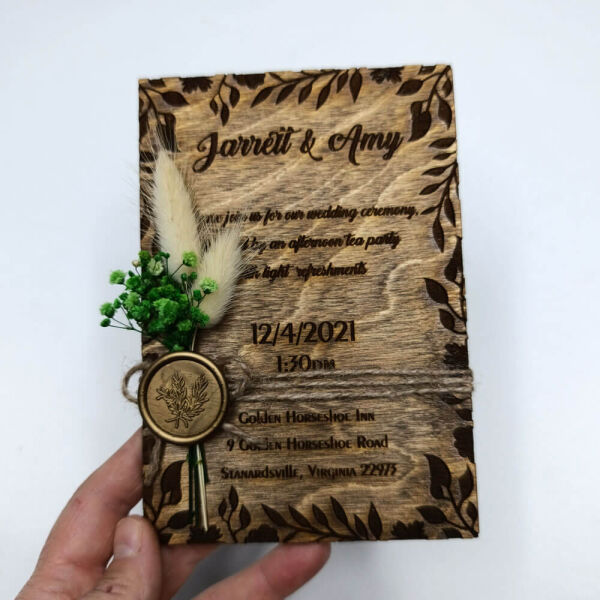 Düğün Davetiyesi Yaprak Desen Çerçeve Kazımalı Ahşap Davetiye AHD-202604 11x16 cm - Ceviz