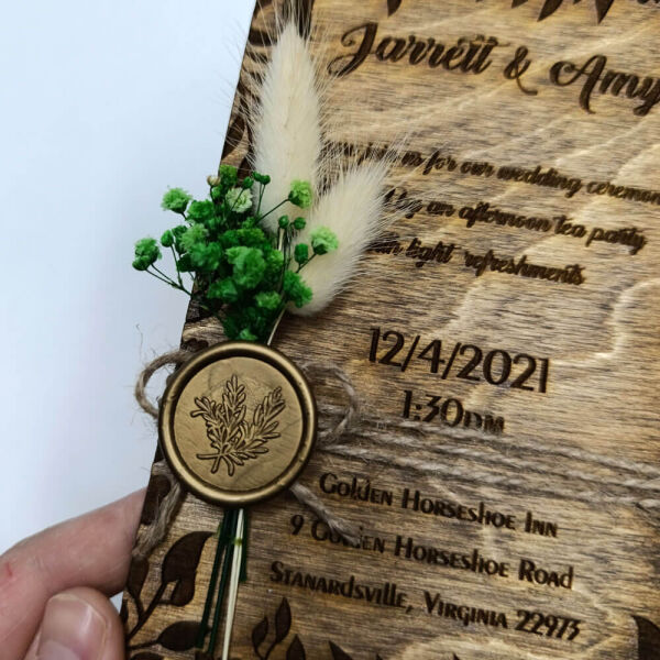 Düğün Davetiyesi Yaprak Desen Çerçeve Kazımalı Ahşap Davetiye AHD-202604 11x16 cm - Ceviz