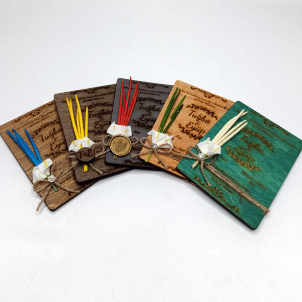 Düğün Davetiyesi Gala Çiçek ve Solucan Otlu Ahşap Davetiye AHD-202605 13x19 cm - Gri