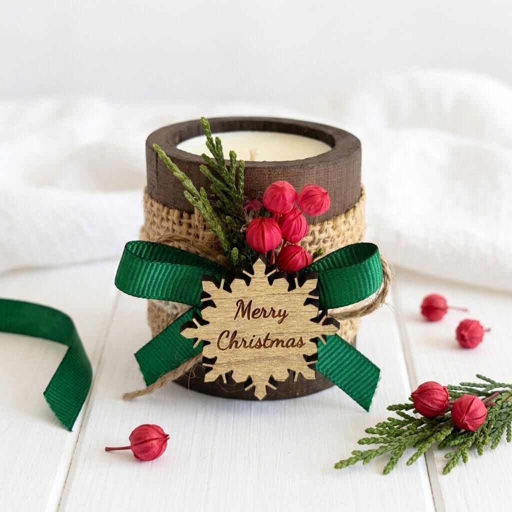 Yılbaşı Süsü ve Hediyeliği Silindir Ahşap Mumluk YLB-7057 Merry Christmas