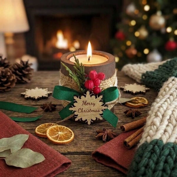 Yılbaşı Süsü ve Hediyeliği Silindir Ahşap Mumluk YLB-7057 Merry Christmas