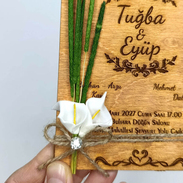 Düğün Davetiyesi Gala Çiçek ve Solucan Otlu Ahşap Davetiye AHD-202605 13x19 cm - Kızıl