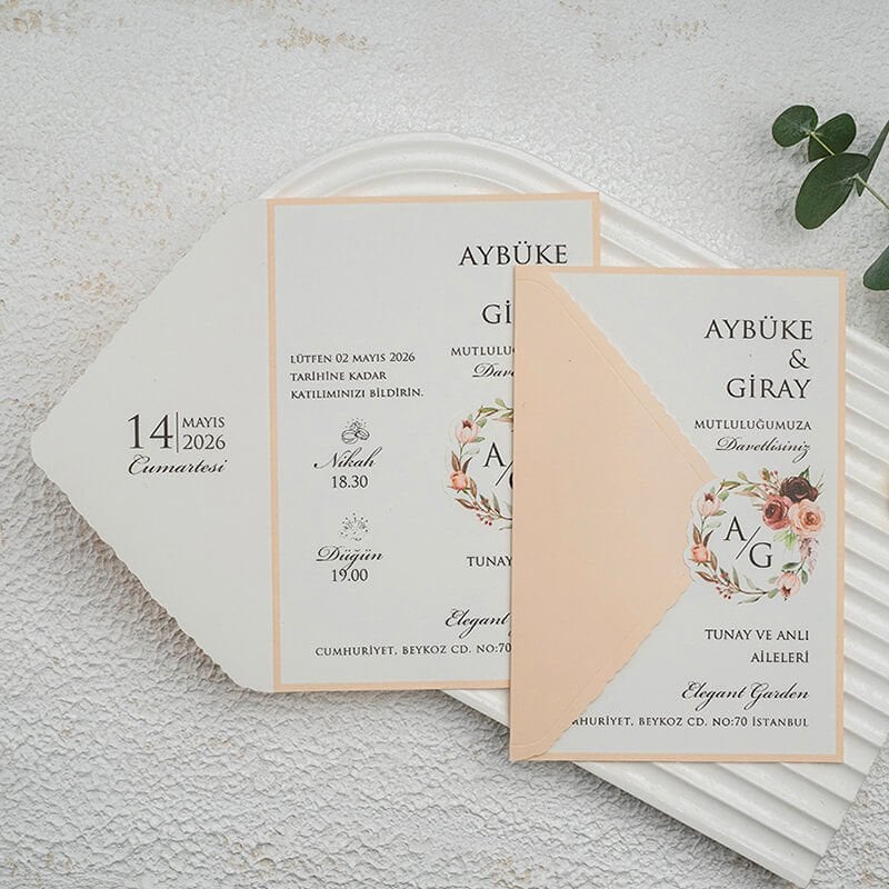Zarfsız Katlamalı Çiçekli Rose Renk Ekonomik Düğün Davetiyesi Ekn-4631