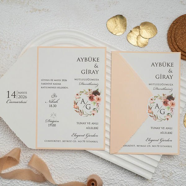 Zarfsız Katlamalı Çiçekli Rose Renk Ekonomik Düğün Davetiyesi Ekn-4631