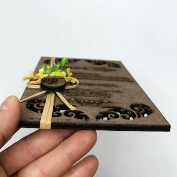 Düğün Davetiyesi Lazer Kesim Desenli Ahşap Davetiye AHD-202610 11x16 cm - Koyu Ceviz