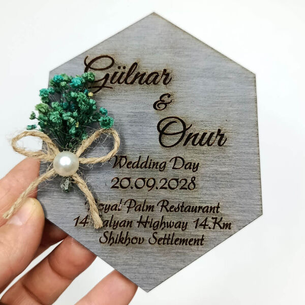 Düğün Davetiyesi Altıgen Ahşap Davetiye Magnet AHD-202612 Gri