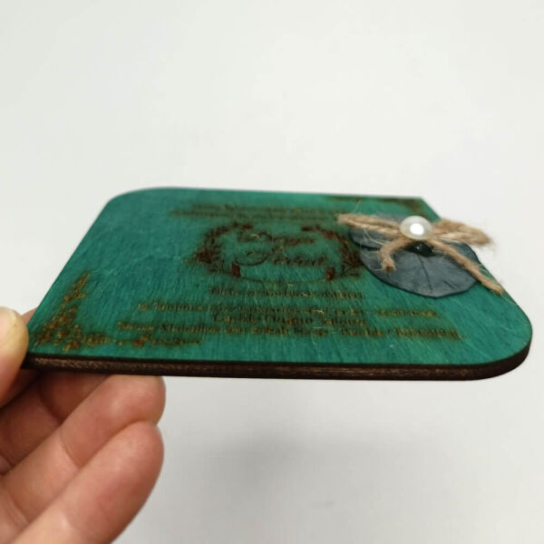 Düğün Davetiyesi Çapraz Köşe Oval Kesim Kare Ahşap Davetiye AHD-202613 12x12 cm - Yeşil