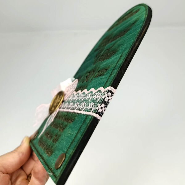 Düğün Davetiyesi Üstten Oval Alt Köşeler Rustik Perçinli Ahşap Davetiye AHD-202615 13x19 cm - Yeşil
