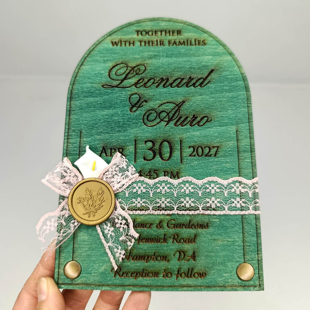 Düğün Davetiyesi Üstten Oval Alt Köşeler Rustik Perçinli Ahşap Davetiye AHD-202615 13x19 cm - Yeşil