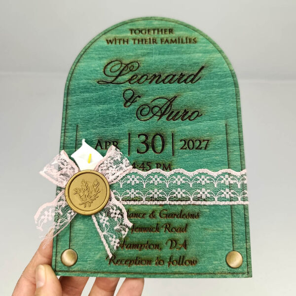 Düğün Davetiyesi Üstten Oval Alt Köşeler Rustik Perçinli Ahşap Davetiye AHD-202615 13x19 cm - Yeşil