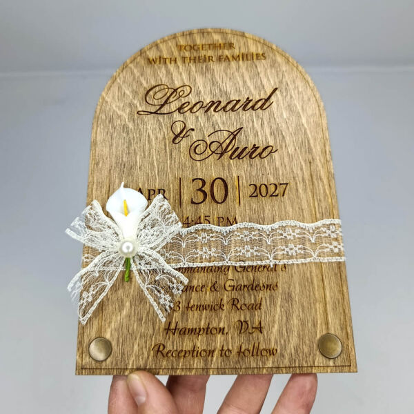 Düğün Davetiyesi Üstten Oval Alt Köşeler Rustik Perçinli Ahşap Davetiye AHD-202615 13x19 cm - Ceviz