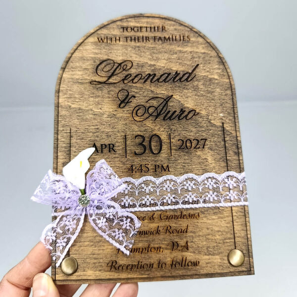 Düğün Davetiyesi Üstten Oval Alt Köşeler Rustik Perçinli Ahşap Davetiye AHD-202615 11x16 cm - Koyu Ceviz