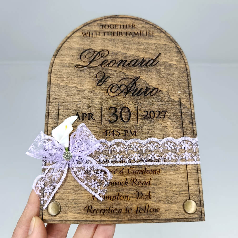 Düğün Davetiyesi Üstten Oval Alt Köşeler Rustik Perçinli Ahşap Davetiye AHD-202615 11x16 cm - Koyu Ceviz