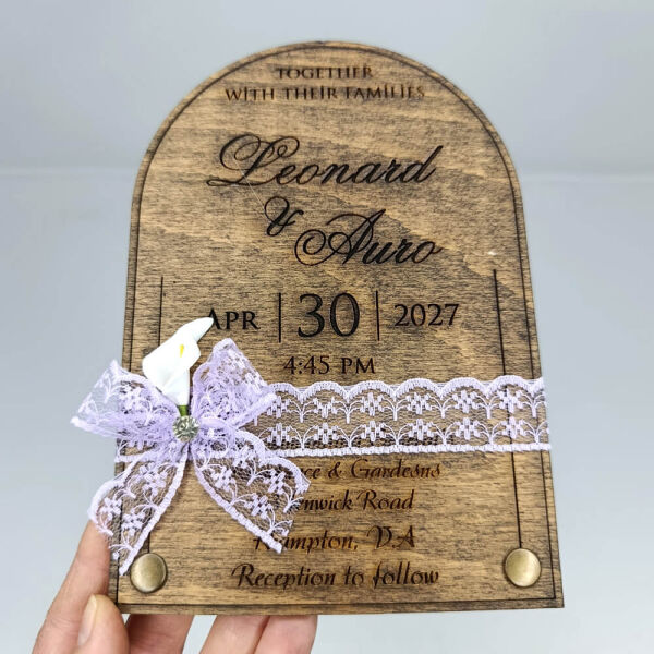 Düğün Davetiyesi Üstten Oval Alt Köşeler Rustik Perçinli Ahşap Davetiye AHD-202615 13x19 cm - Koyu Ceviz